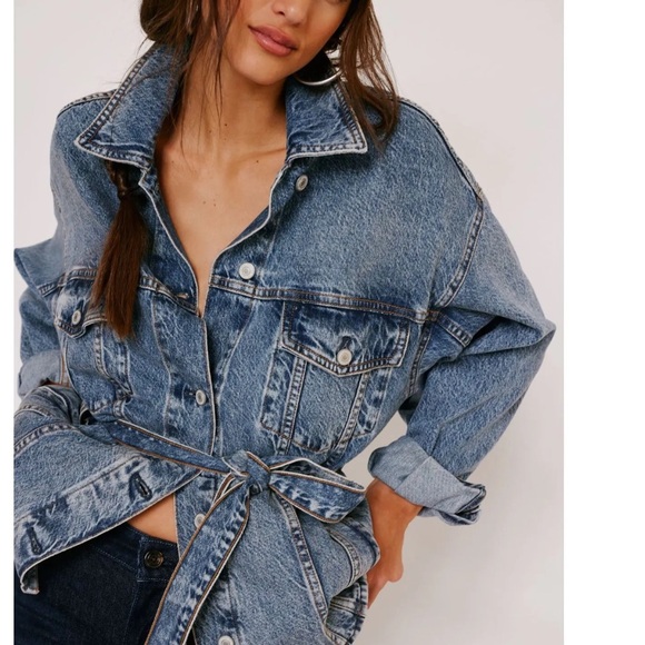 Free People Washed Blue Denim Belted Jacket - Picture 2 of 4